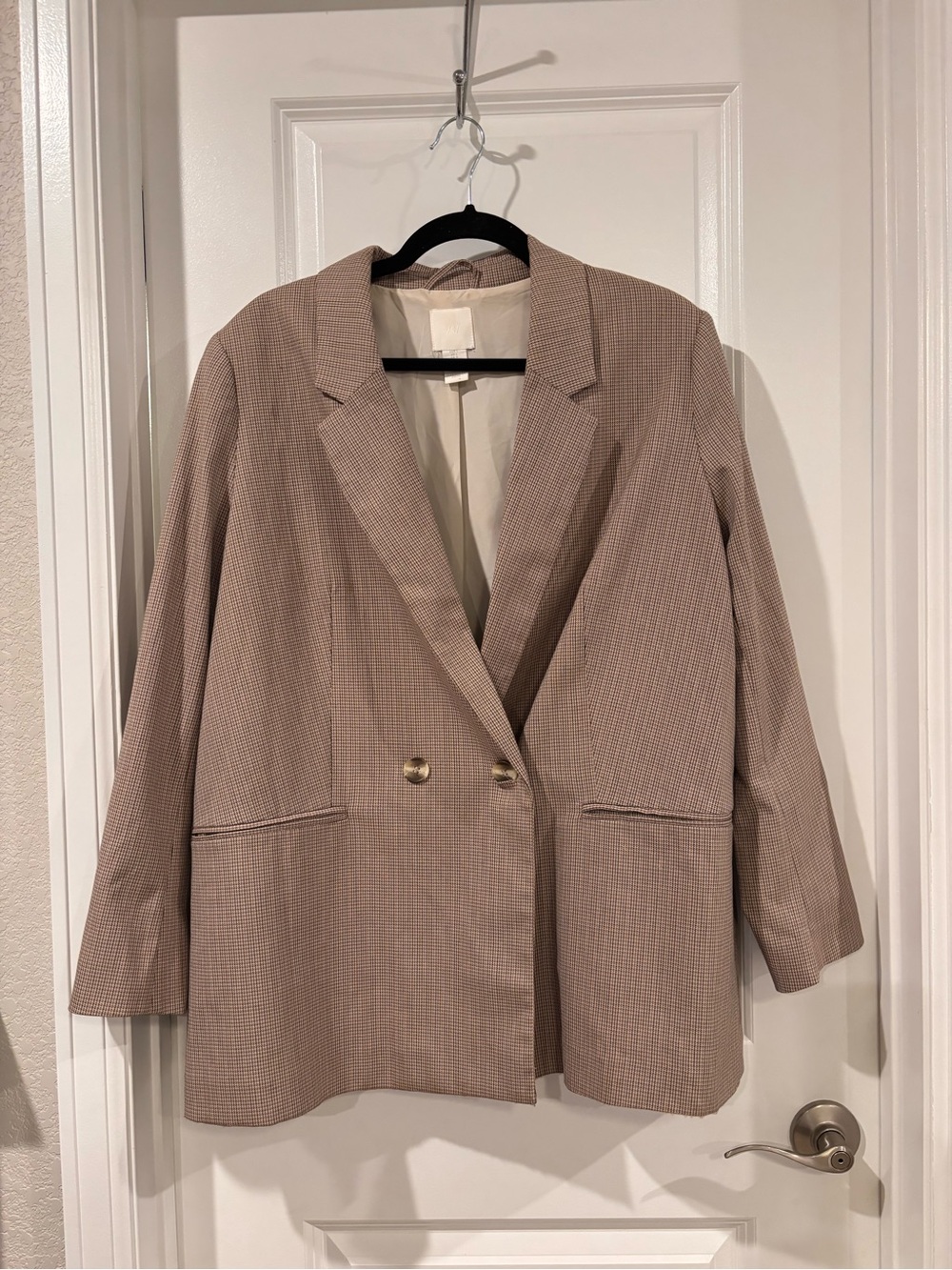 H&M Taupe Micro-Check Double-Breasted Blazer
